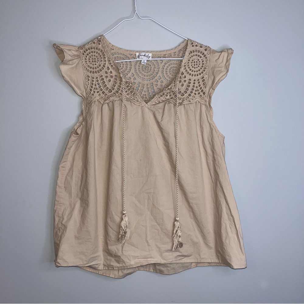 Wonderly Tan Crochet Accent Blouse Large